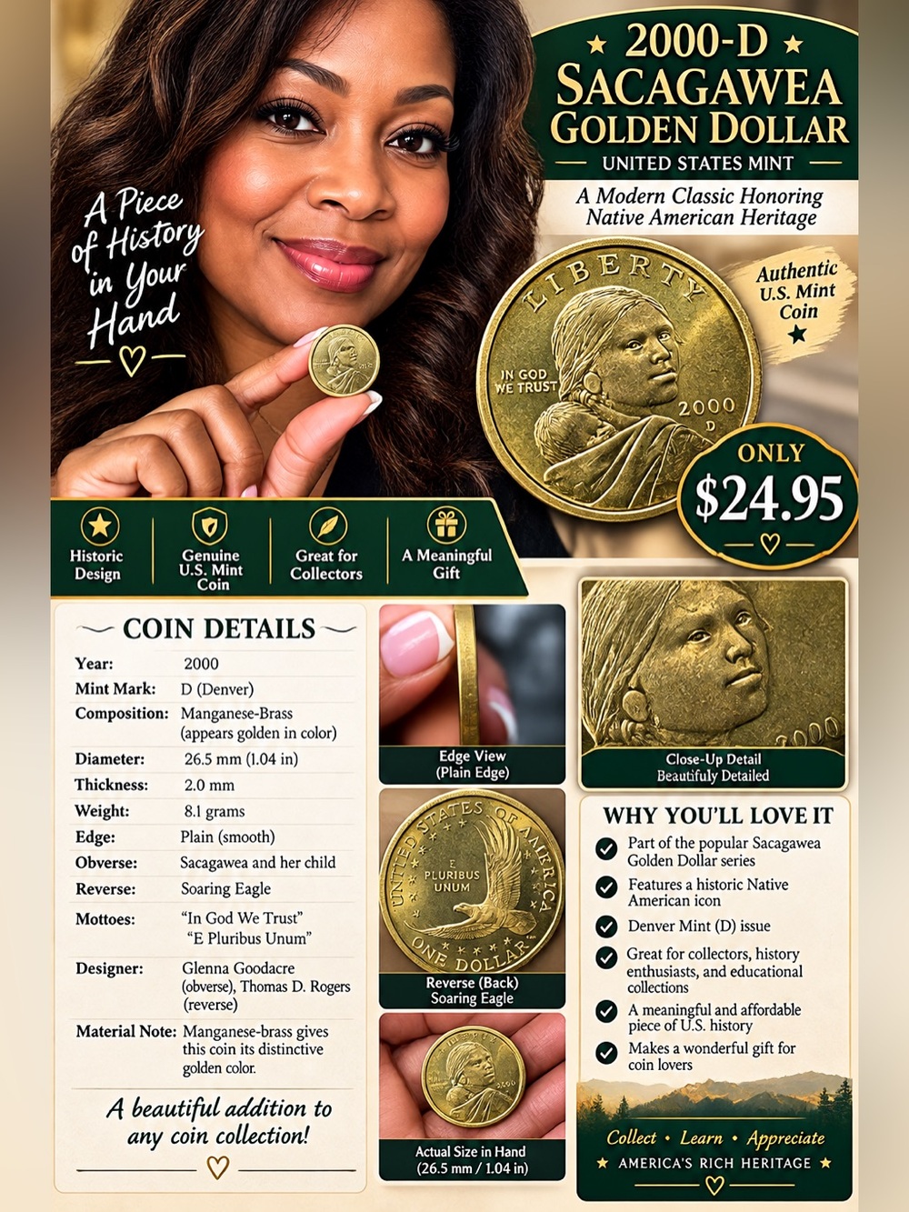 Sacagawea Golden Dollar Coin Pendant Necklace - Gold Tone